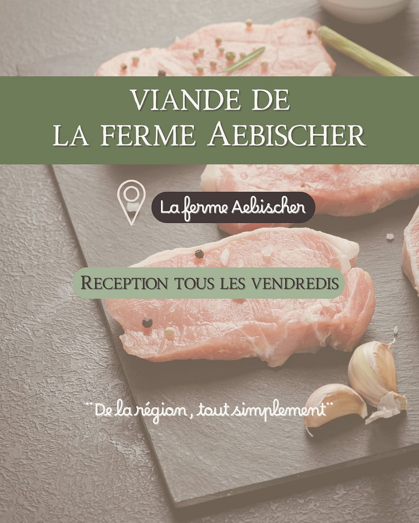 VIANDE LOCALE chaque vendredi !

Chaque vendredi, on reçoit au magasin la viande fraîche directement de La Ferme Aebischer à Faoug.

C’est une ferme familiale qui élève notamment des blondes d’Aquitaine et propose une sélection de produits de proximité – viande de bœuf, porc, poulet, lapin, œufs, pommes de terre… tous issus de leur production ou locaux. ￼

• Viande locale & de saison
• Directement de la ferme au magasin
• Soutien à l’agriculture de proximité 🍃

Passez nous voir le vendredi pour découvrir les morceaux disponibles pour la semaine ! Ou appelez nous pour commander !

📍 Aventivrac – de la région, tout simplement 💚
#aventivrac #fermelocal #viandelocale #circuitcourt #faoug